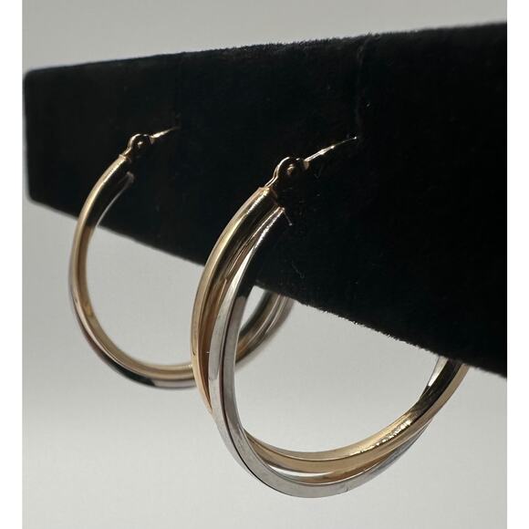 Ralph Lauren 14k RL Signed White And Yellow Gold Hoop Pierced Earrings 1.43grams